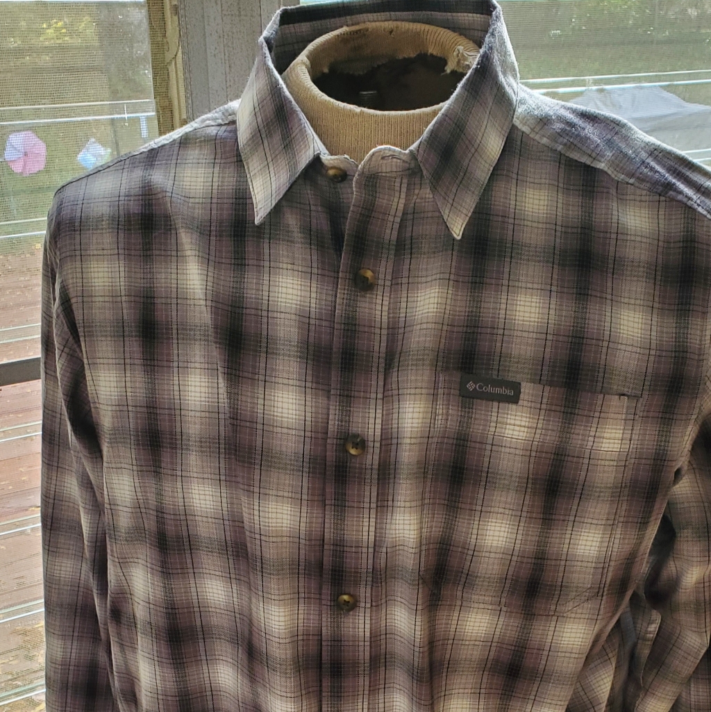 Mens Large Columbia Plaid Cotton Blend Ls Shirt. Grey/ Black